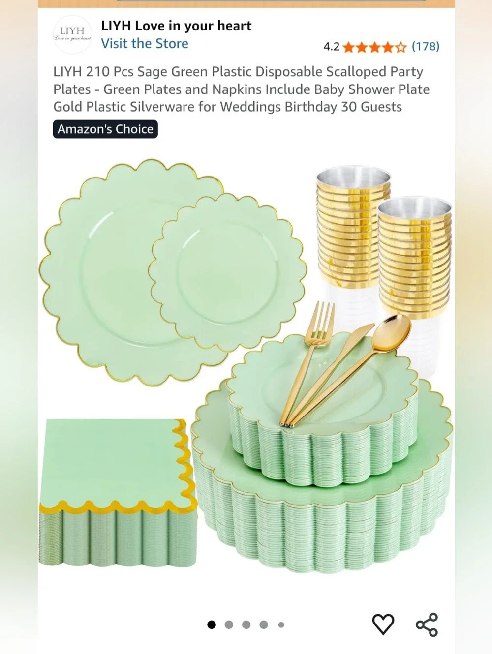 Sage Green Scalloped Party Plates & Gold Cutlery Set -